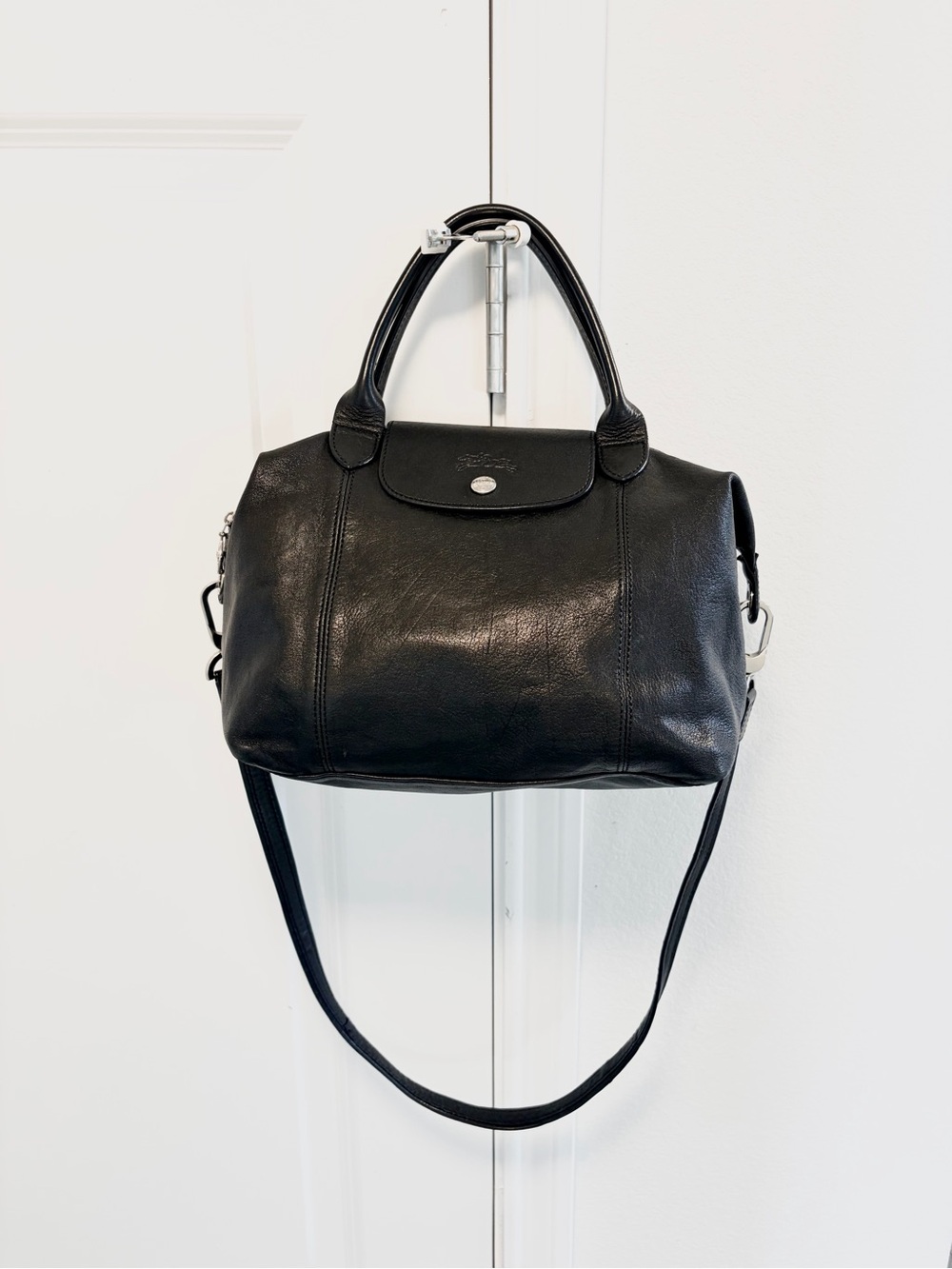 ❤️SOLD❤️ Longchamp Le Pliage Cuir Medium Black Leather Top Handle Crossbody Bag - Picture 11 of 16